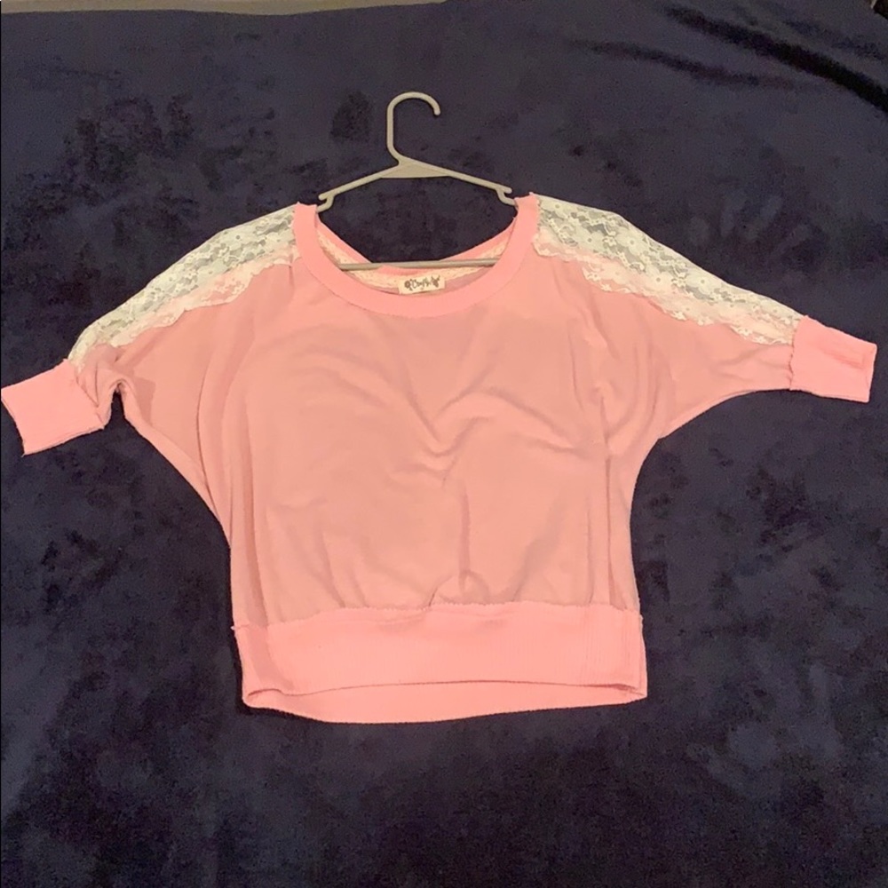 Pink top, lace, sweater, cute, edgy, woman’s/girls